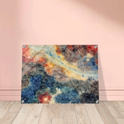 An abstract composition of swirling blue, gray, cream, and crimson textures resembling a distant nebula or galaxy, with organic patterns and flowing celestial forms.