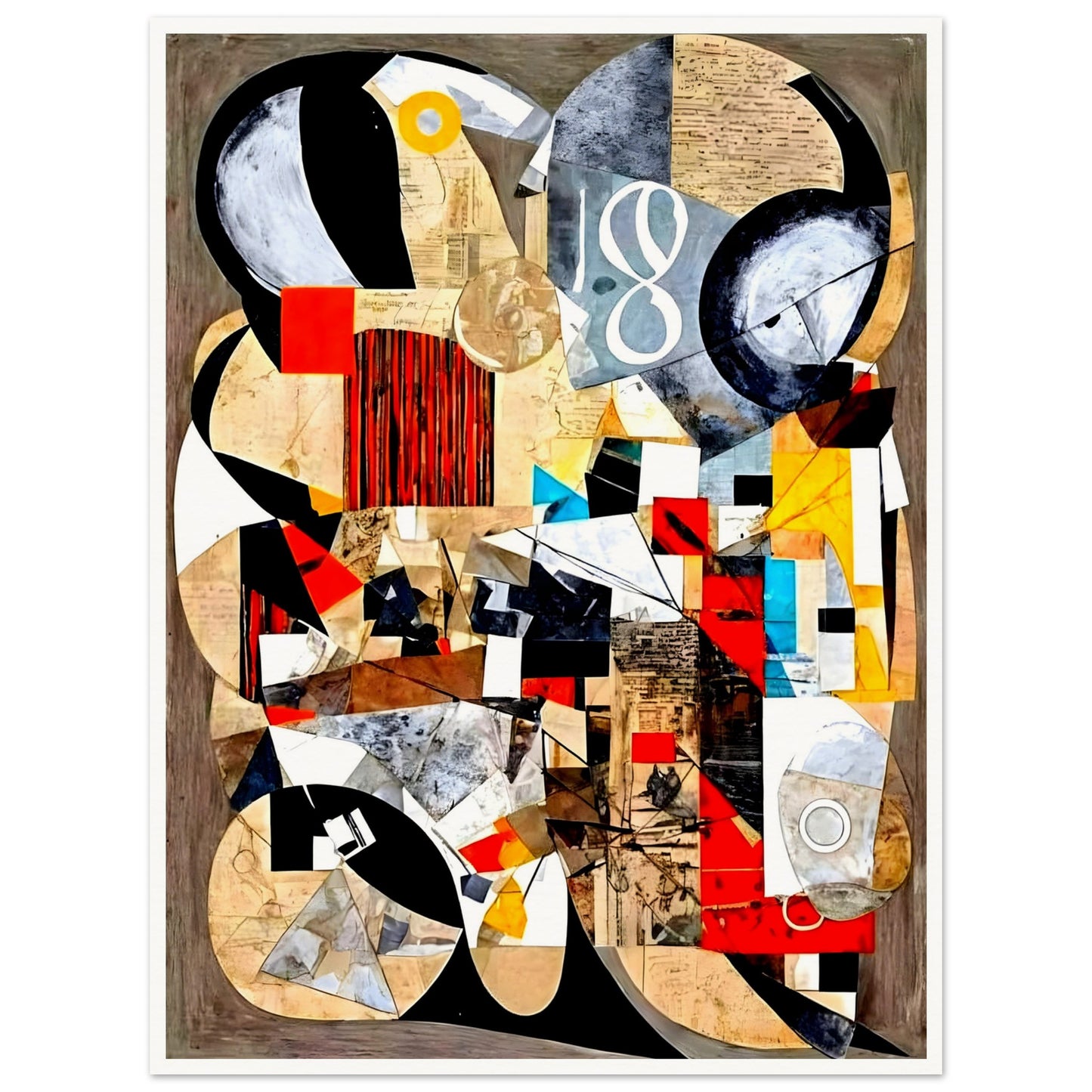 A dynamic collage of abstract shapes, colors, and textures, combining bold reds, yellows, and blues with geometric patterns and vintage elements to evoke a sense of fragmented reality.