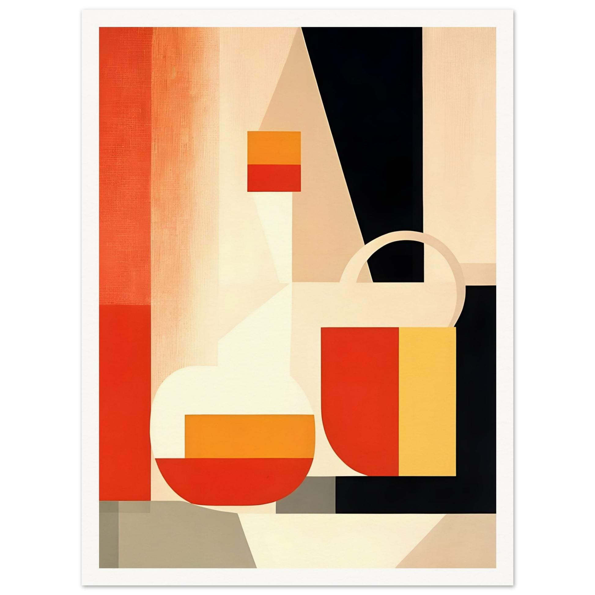 A geometric still-life painting featuring abstract shapes in warm tones of red, orange, yellow, and beige, contrasted with black elements.