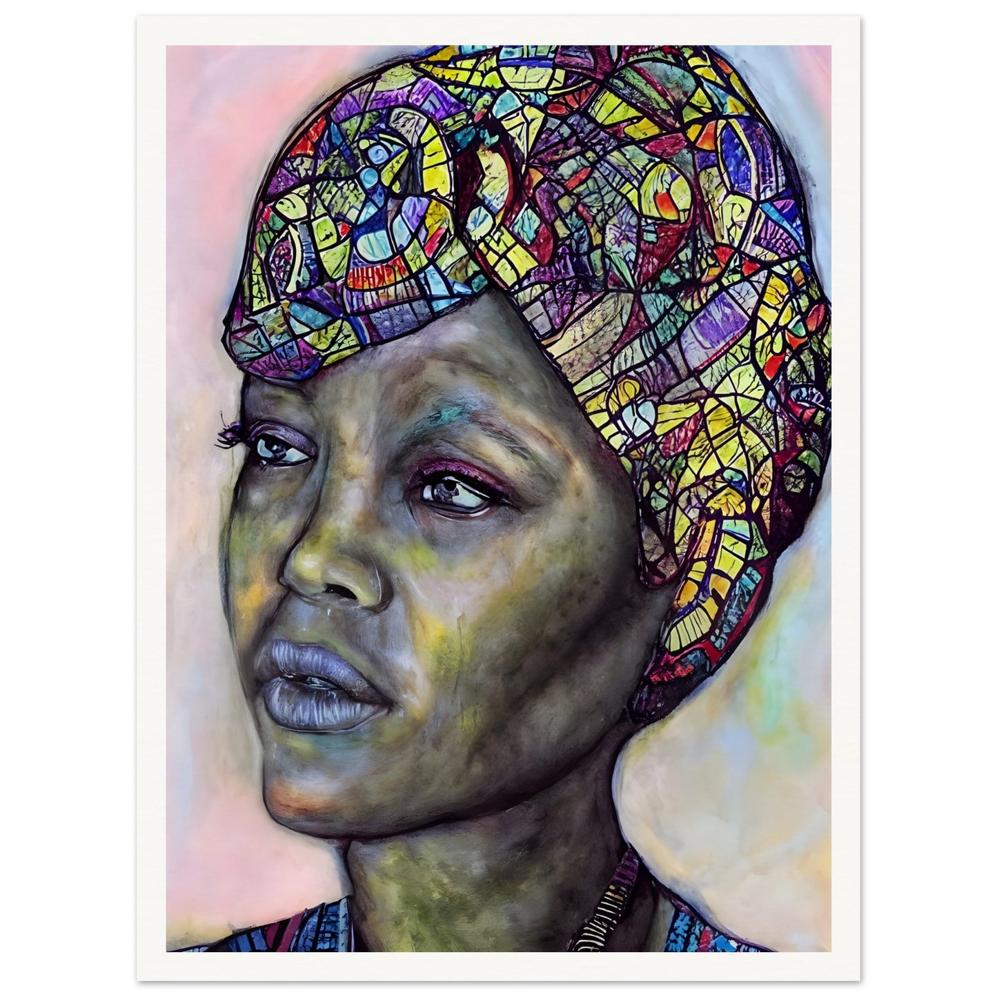 A striking portrait of a woman with a vibrant, mosaic-patterned headwrap, deep expressive eyes, and a contemplative gaze against a soft-toned background.