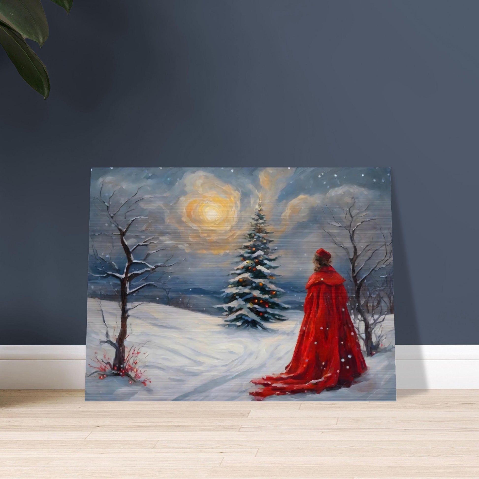 A woman in a flowing red cloak gazes at a glowing Christmas tree in a snowy landscape, illuminated by a radiant moon and serene winter sky.