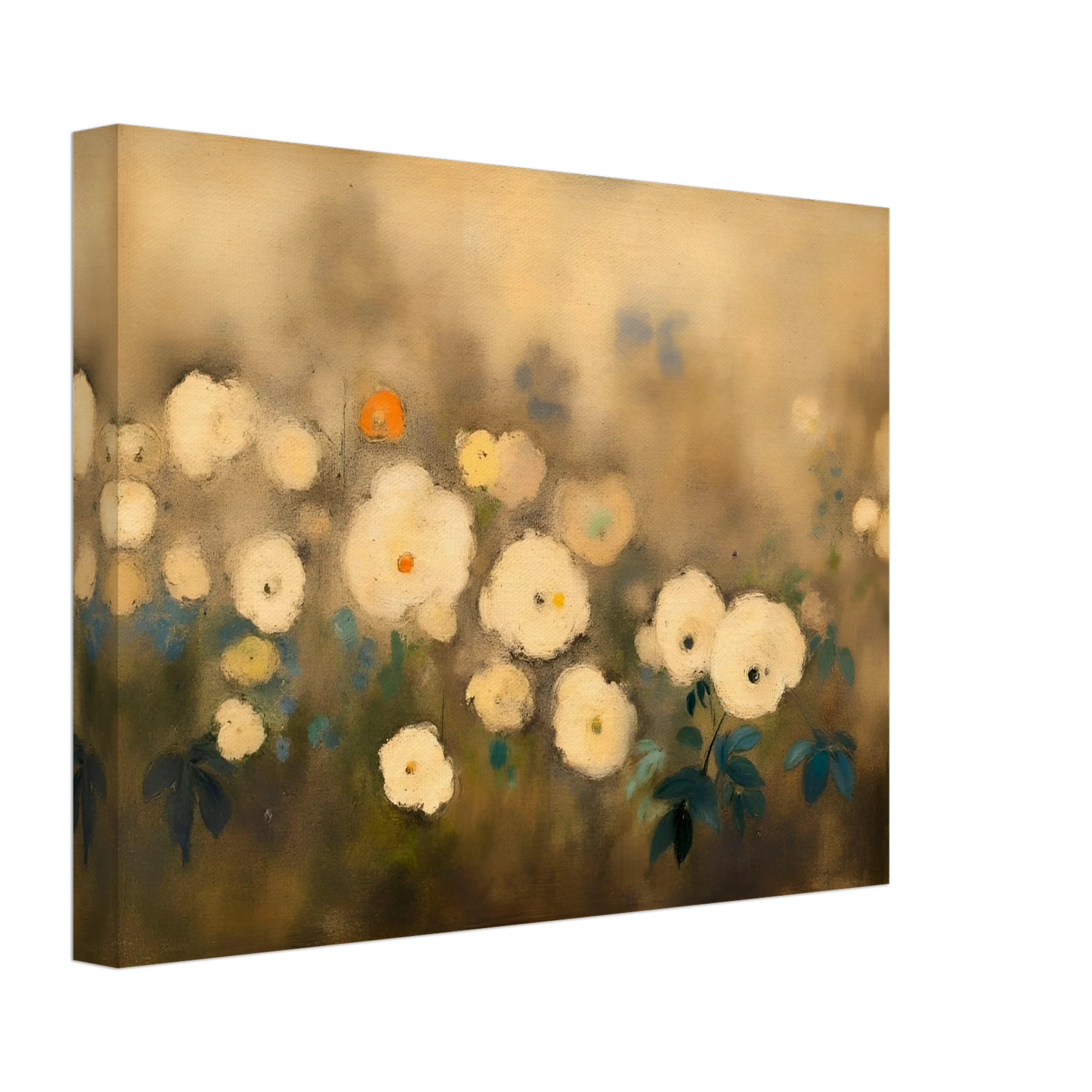 A dreamy floral painting featuring delicate white blossoms scattered across a softly blurred golden-beige background, accented with muted green and blue foliage.