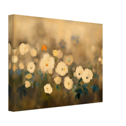 A dreamy floral painting featuring delicate white blossoms scattered across a softly blurred golden-beige background, accented with muted green and blue foliage.