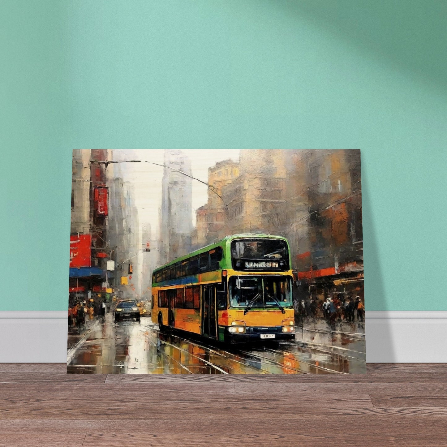 "A vibrant painting of a double-decker bus driving through a busy, rain-soaked city street, with tall buildings and reflections creating an atmospheric urban scene."