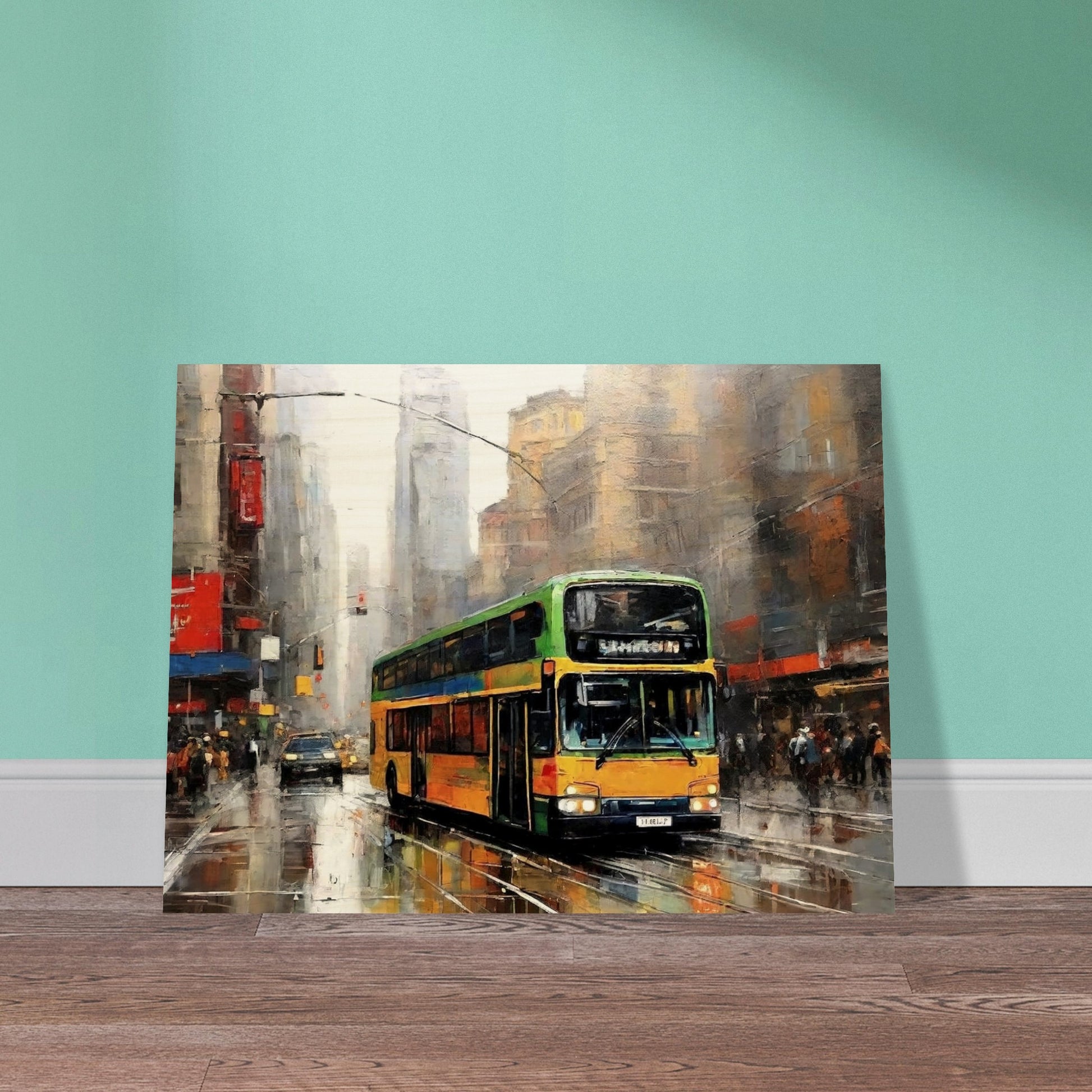 "A vibrant painting of a double-decker bus driving through a busy, rain-soaked city street, with tall buildings and reflections creating an atmospheric urban scene."