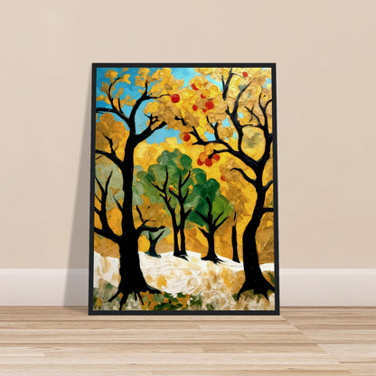 A vibrant painting of golden and green trees with hints of red fruit, capturing the essence of an autumn orchard bathed in sunlight.