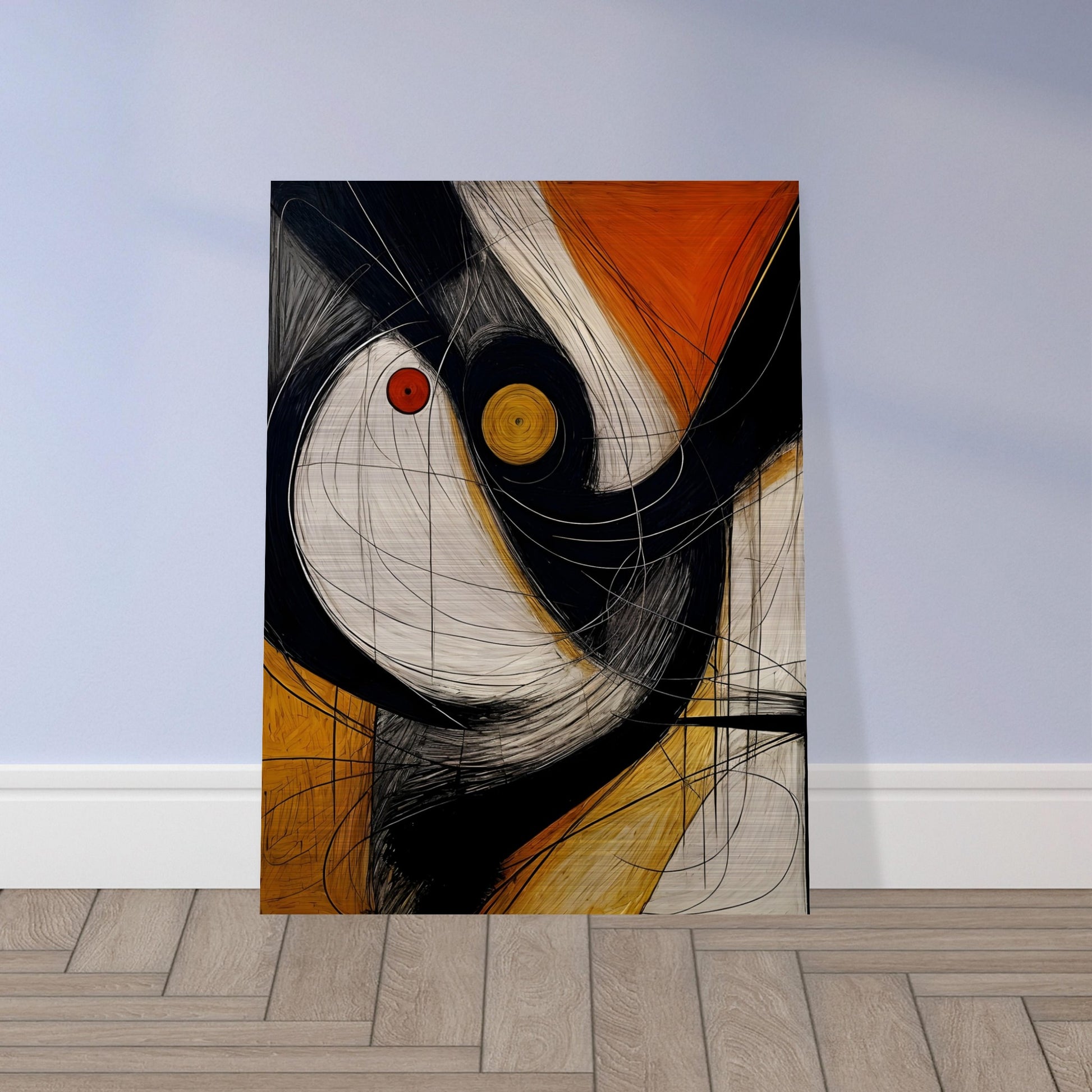 An abstract artwork featuring bold black, white, and orange shapes with dynamic, swirling lines and circular accents in red and yellow.