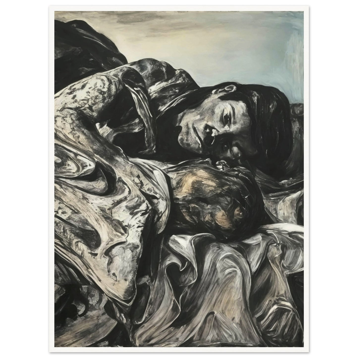 A haunting black-and-white painting of two figures embracing in a solemn moment, surrounded by textured folds of fabric.