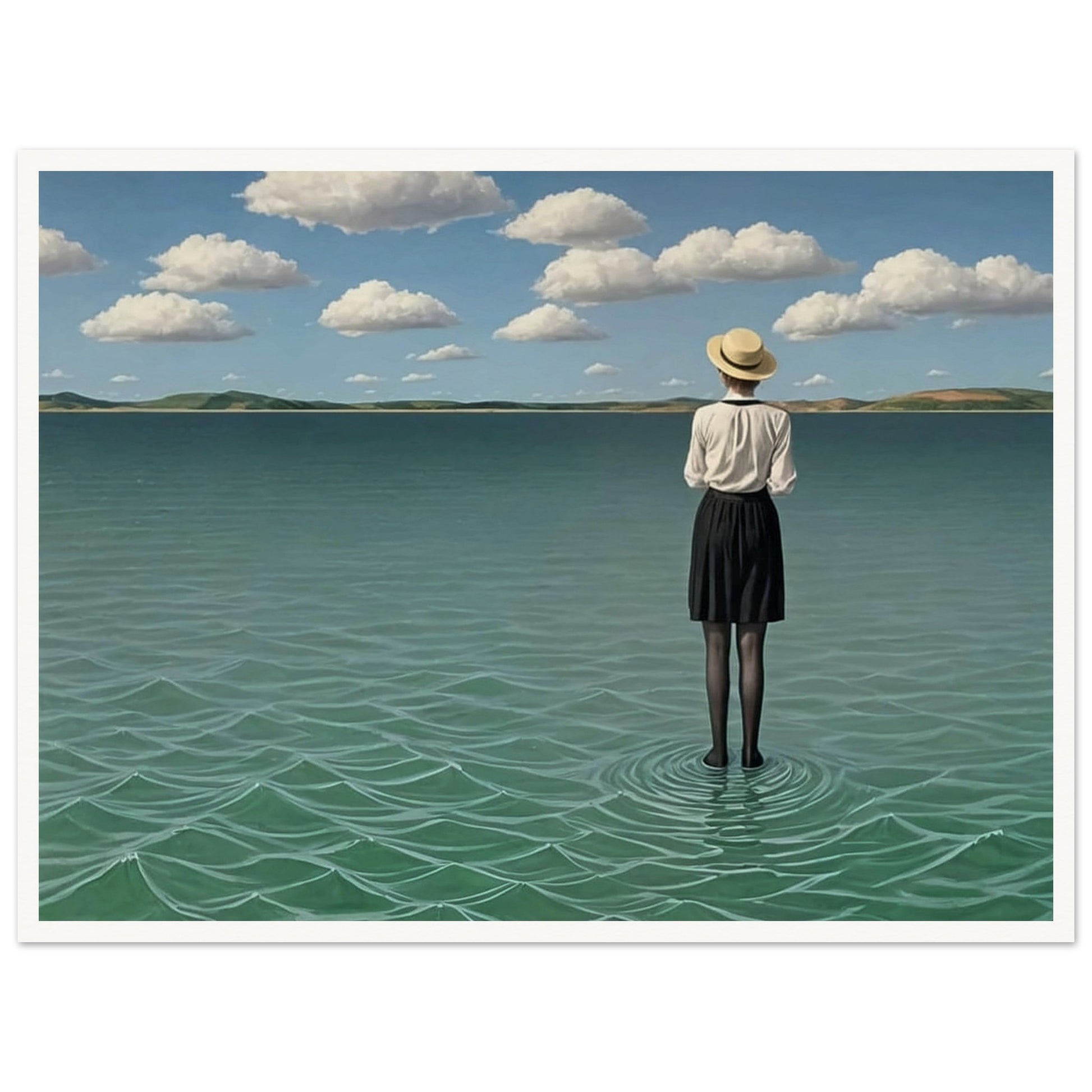 A painting of a woman standing alone in the middle of a calm, vast body of water under a blue sky with scattered clouds.