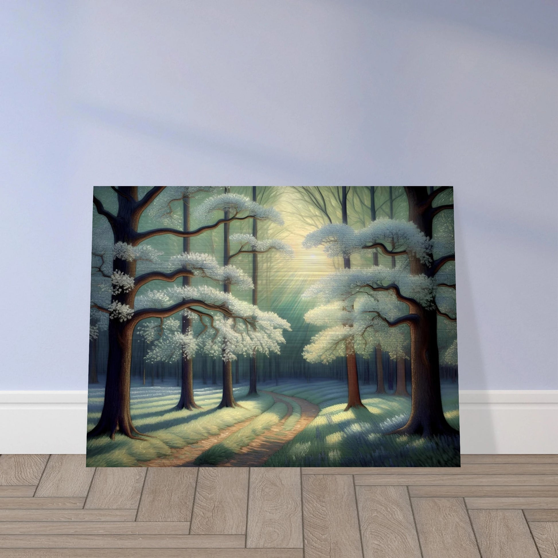A tranquil forest path curves under flowering trees bathed in morning light, casting soft shadows across mossy ground.