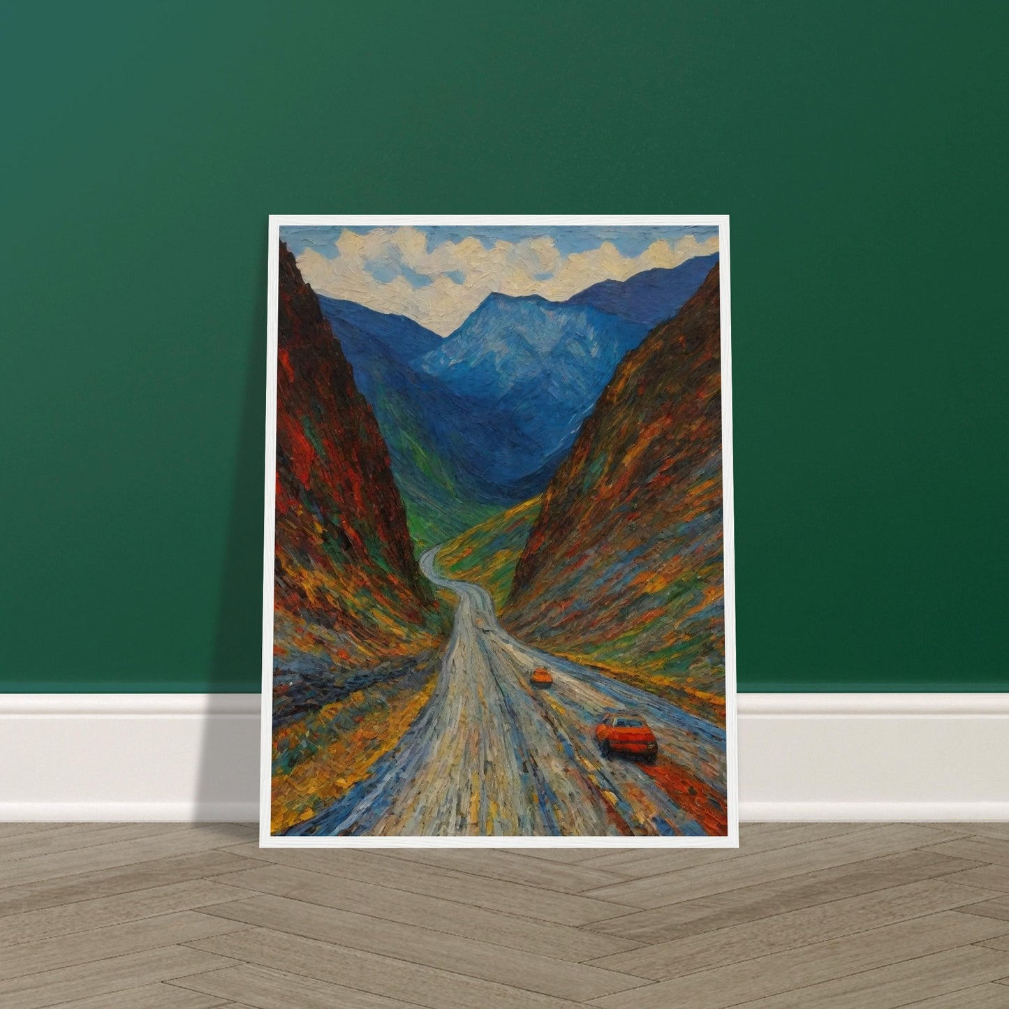 A vivid painting depicting a winding road through a colorful, mountainous landscape with two orange cars traveling along it.