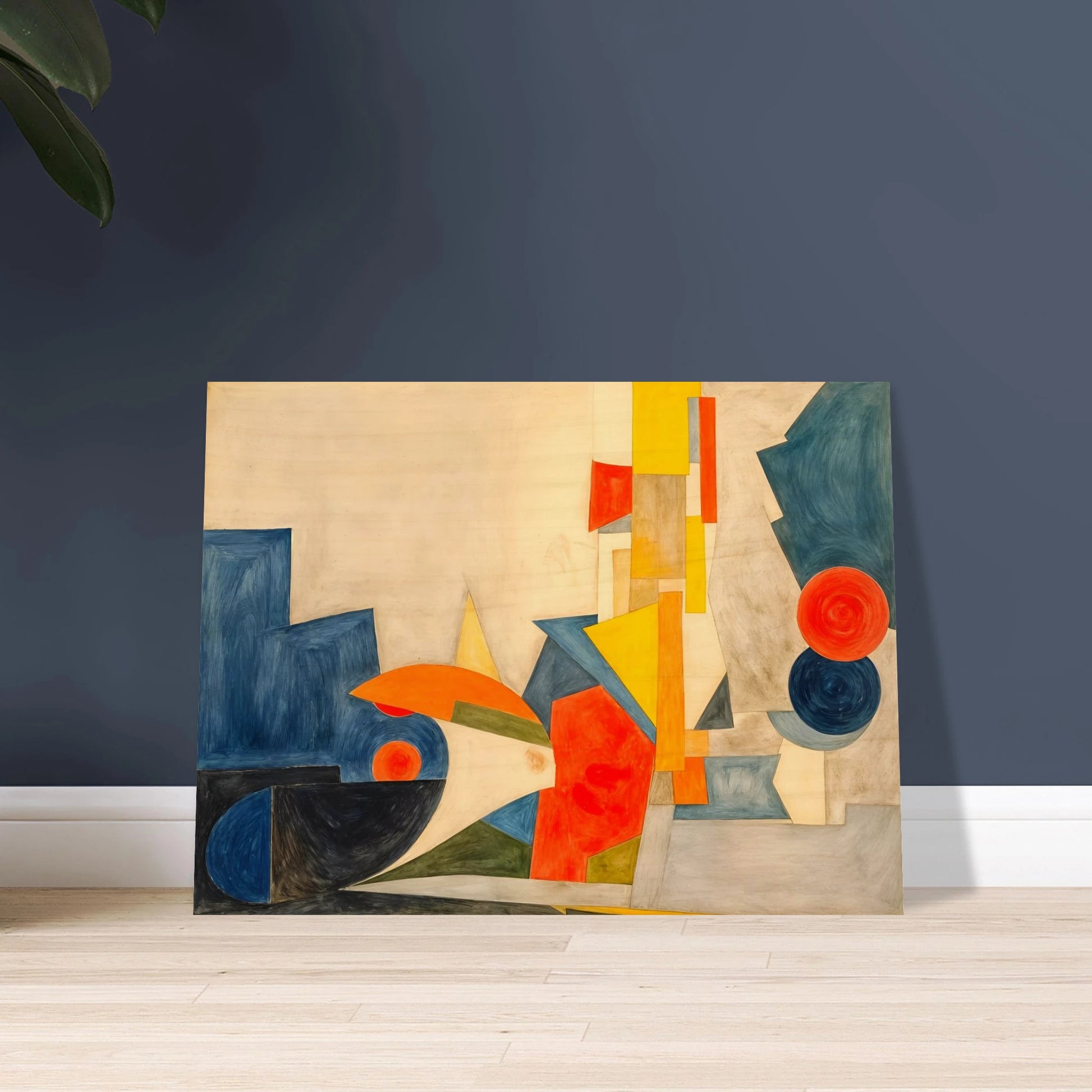 Dynamic geometric forms in blue, orange, and yellow intersect across a cream canvas, suggesting rhythm, motion, and light.