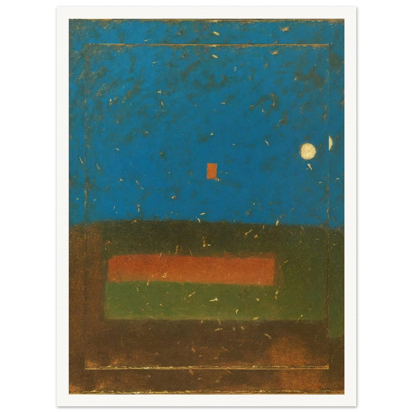 Minimalist painting featuring a deep blue sky with two glowing moons and a small orange square over a layered earth-toned foreground.