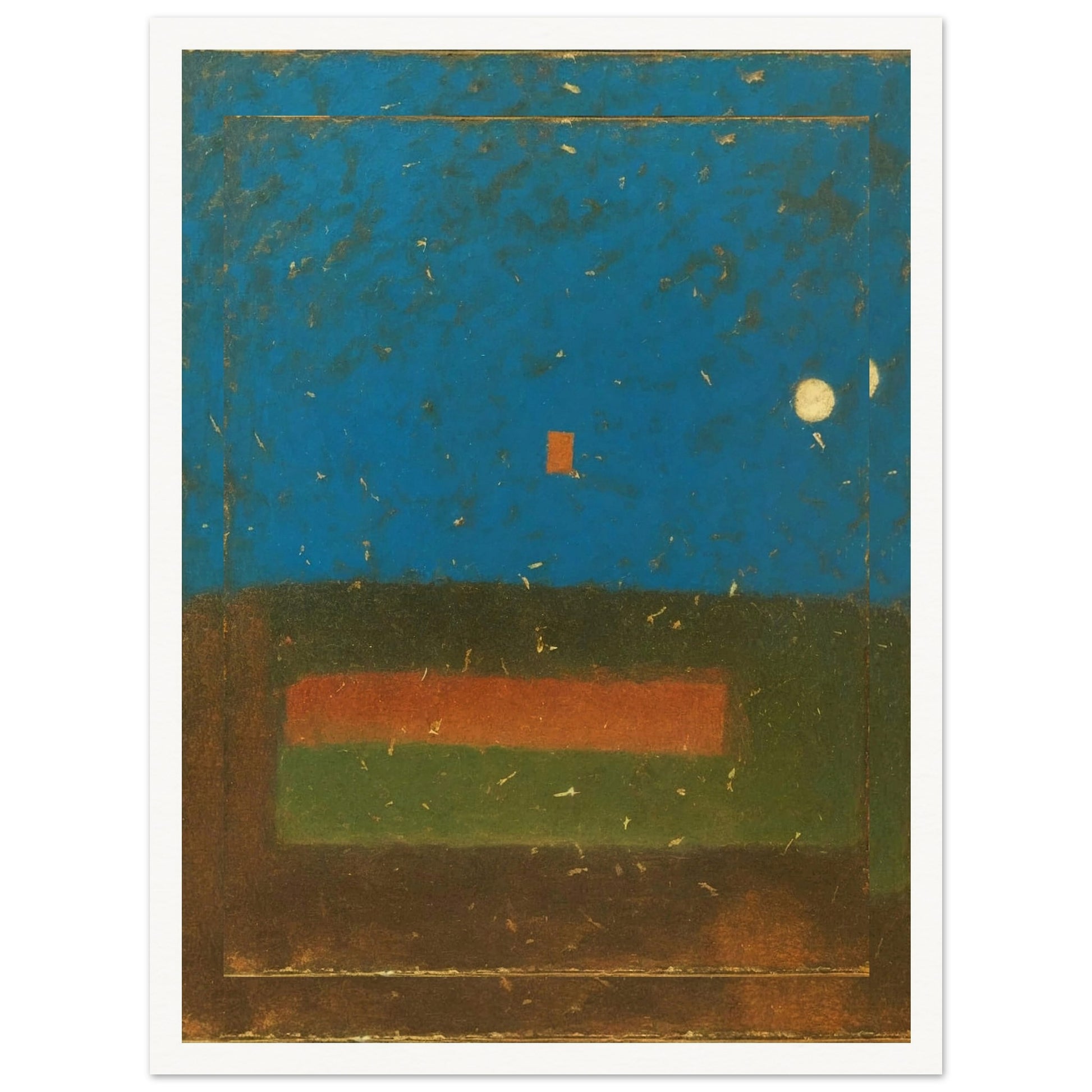 Minimalist painting featuring a deep blue sky with two glowing moons and a small orange square over a layered earth-toned foreground.