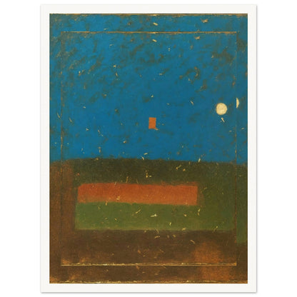 Minimalist painting featuring a deep blue sky with two glowing moons and a small orange square over a layered earth-toned foreground.