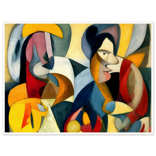 A dynamic cubist painting featuring two abstract human figures, composed of bold geometric shapes in warm and cool tones.