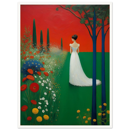 A woman in a white dress stands in a vibrant green field under a deep red sky, framed by dark trees and blooming wildflowers.