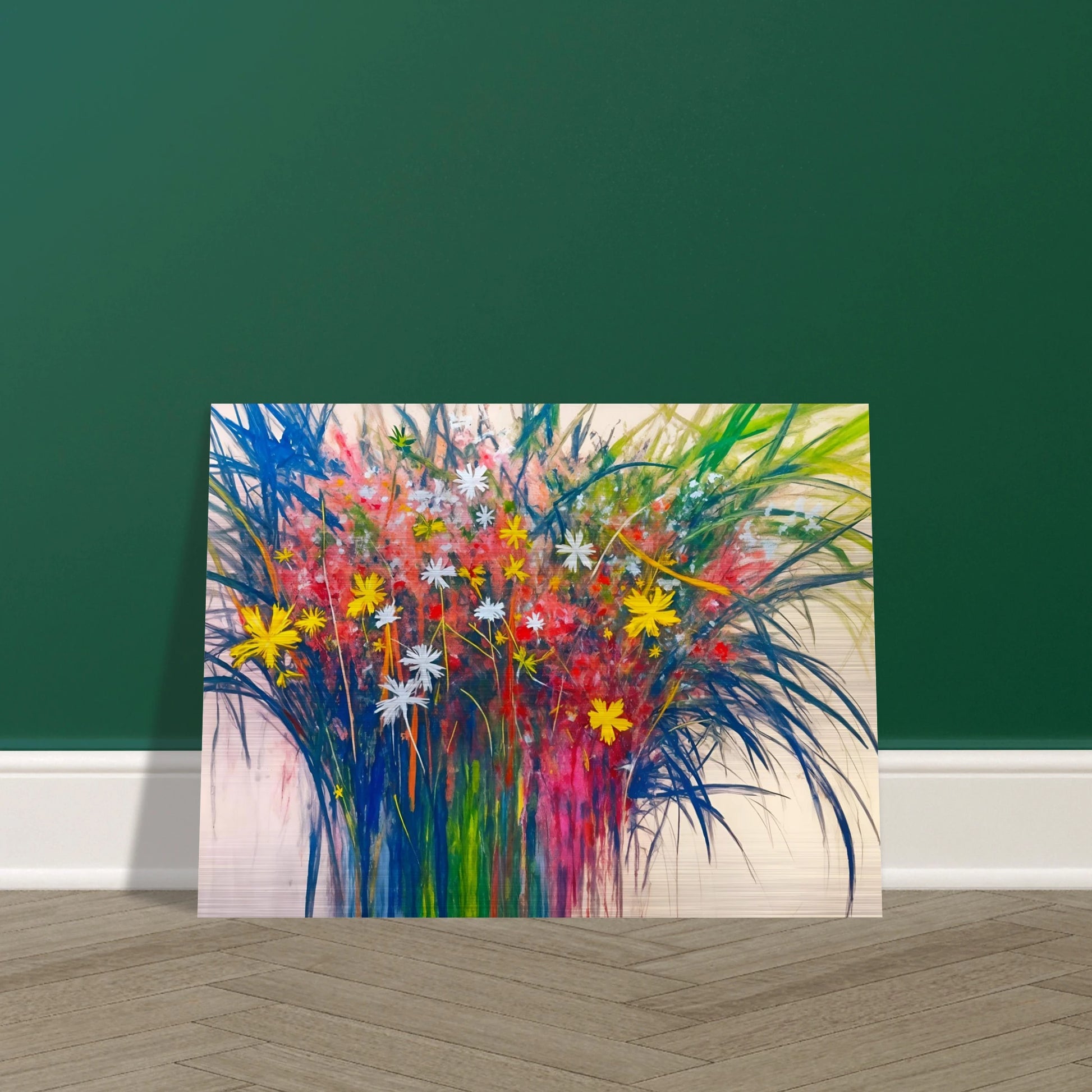 A vibrant explosion of wildflowers in yellow, red, and white bursts from lush green stems, radiating energy and joy.