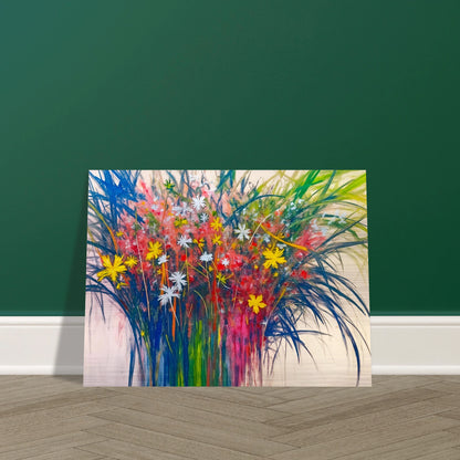 A vibrant explosion of wildflowers in yellow, red, and white bursts from lush green stems, radiating energy and joy.