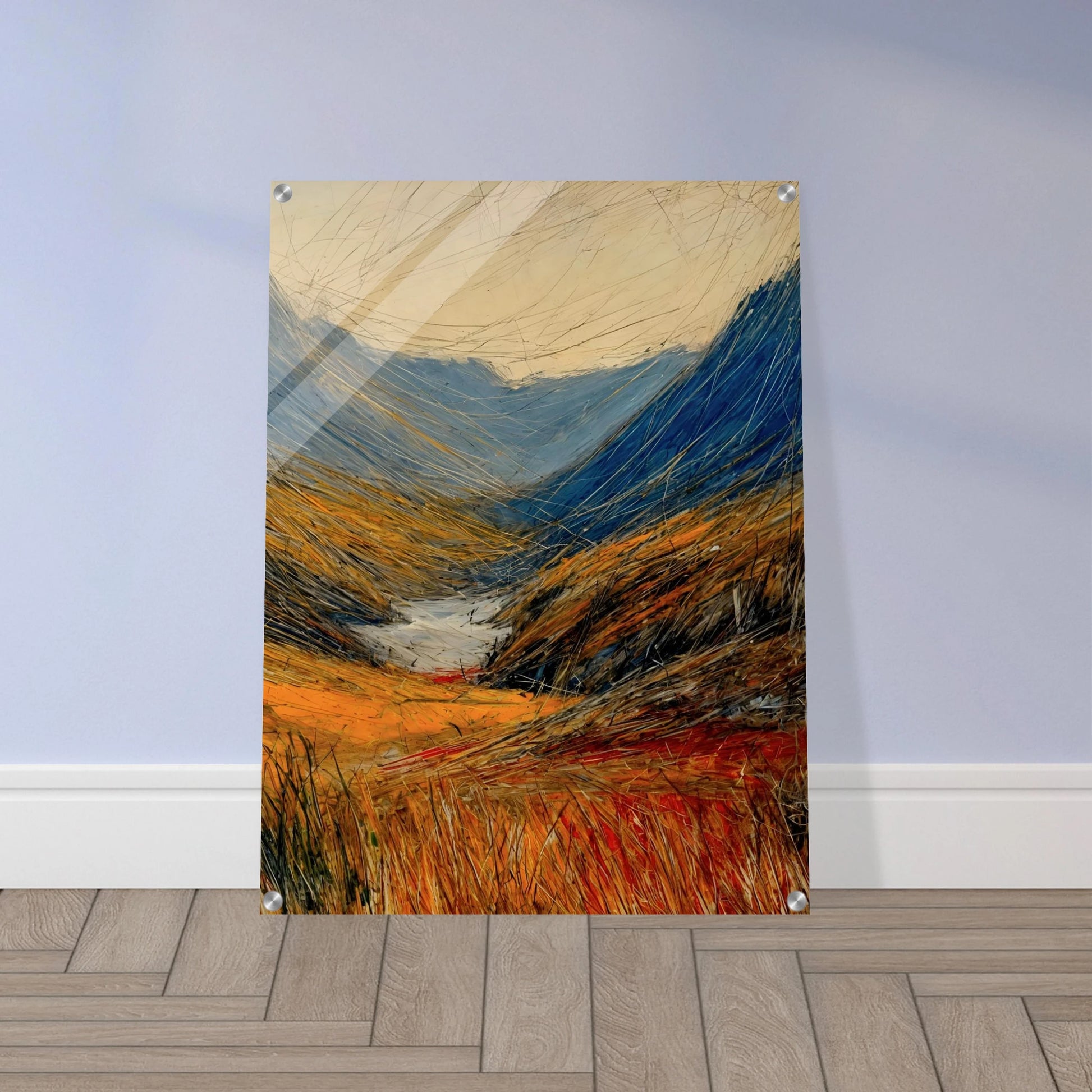 Windswept valley of golden grasses and deep blue mountains painted with vivid, dynamic strokes under a pale sky.
