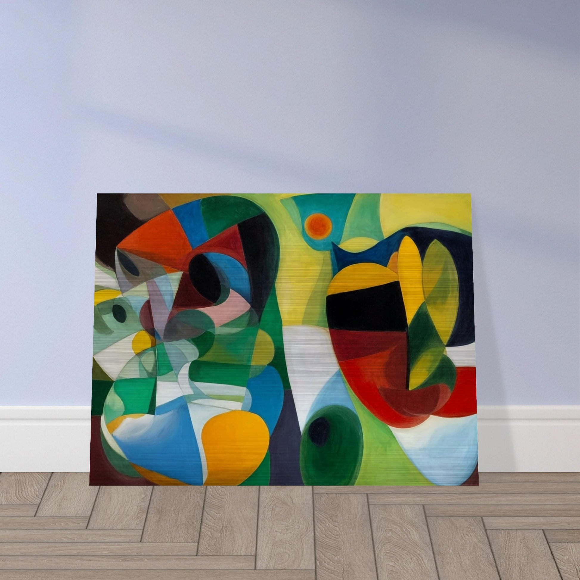 An abstract painting with vibrant, swirling shapes and colors creating a dynamic and whimsical composition.