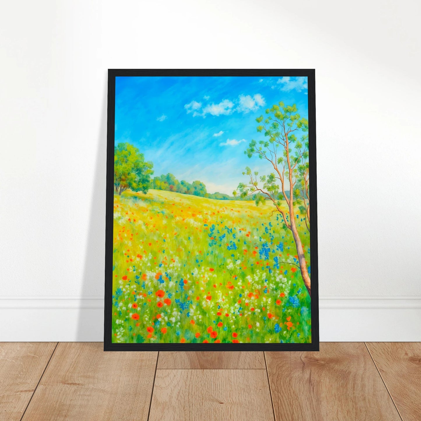 Bright wildflower meadow under clear blue sky with delicate trees, colorful blossoms, and sunlit greenery stretching across a serene spring landscape.