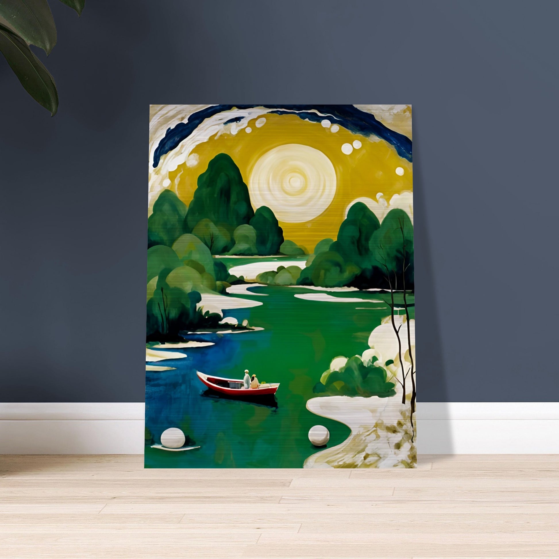 A peaceful river scene with a golden sun, lush green trees, and a small red boat carrying two figures, evoking serenity and wonder.
