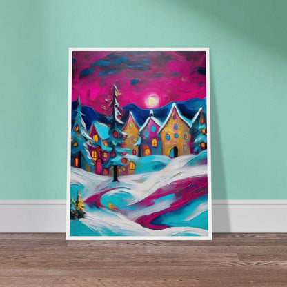 A colorful winter village scene with glowing houses, snow-covered trees, and a vibrant magenta sky illuminated by the moon.