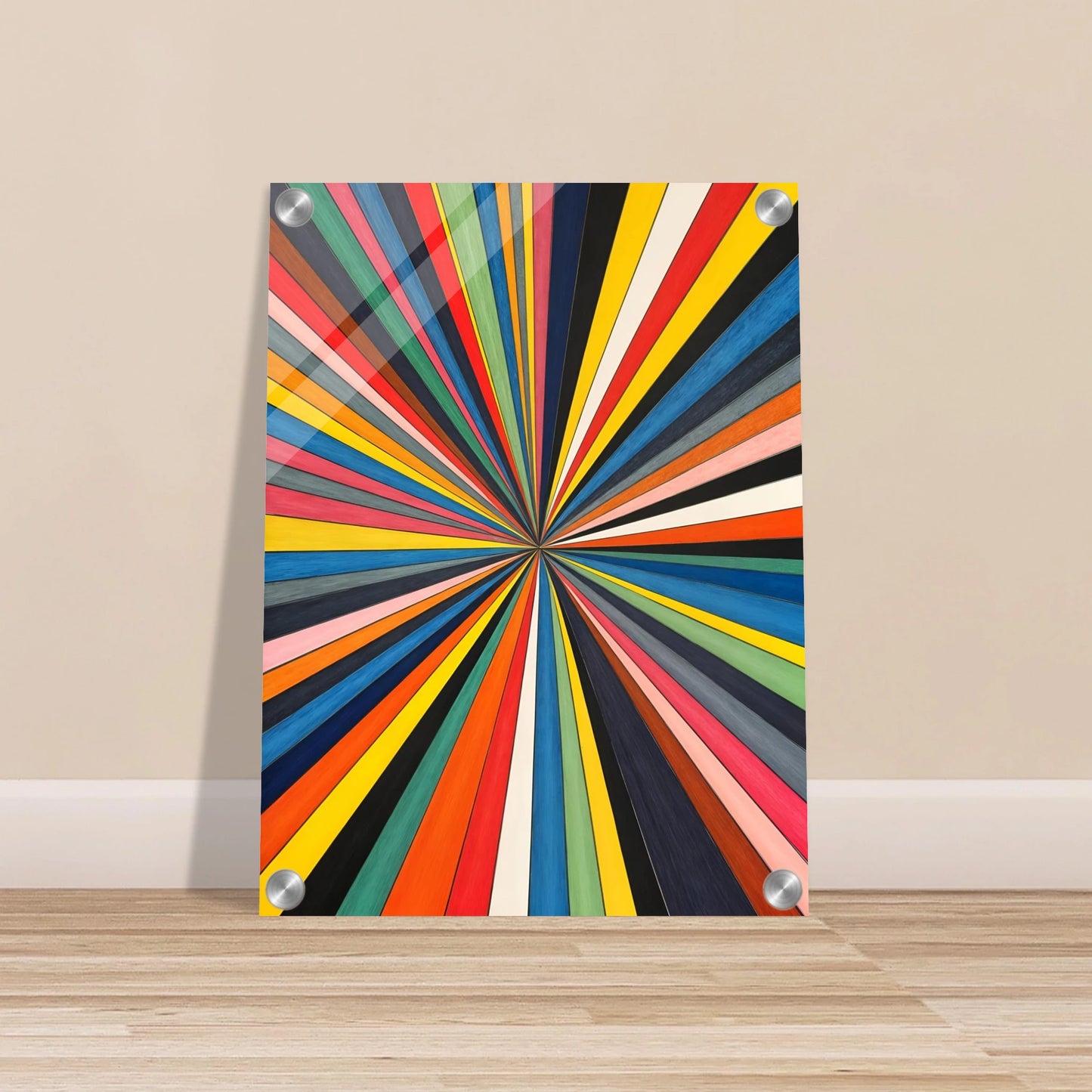 Dynamic explosion of multicolored rays converges at a central point, creating a bold visual of energy, motion, and vibrant perspective.