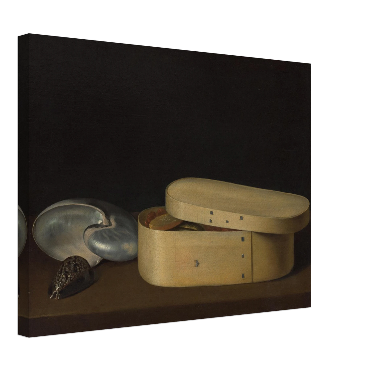 A chip-wood box with shells, dried fruit, and fish rests against a dark background.