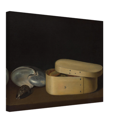 A chip-wood box with shells, dried fruit, and fish rests against a dark background.