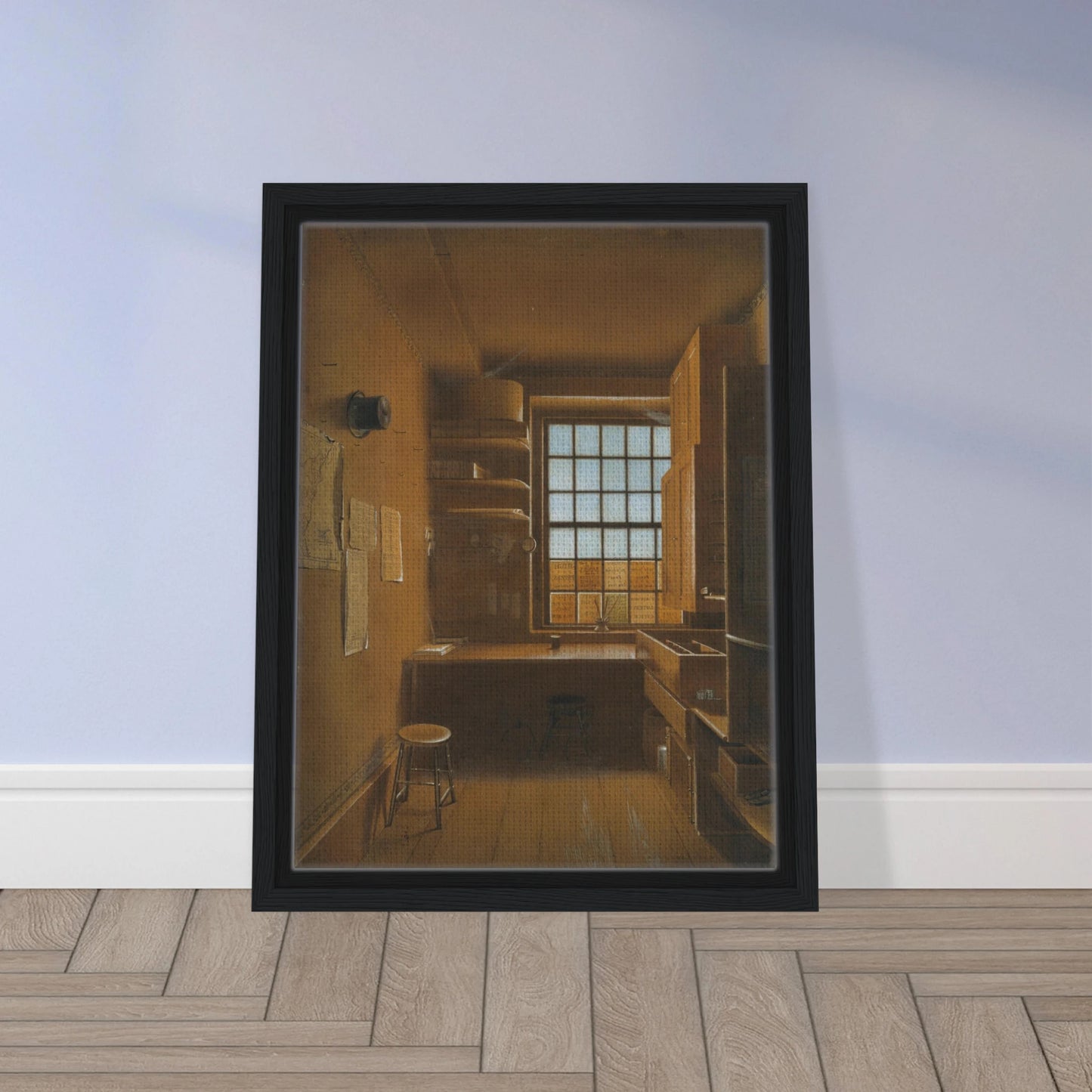 Quiet lottery office interior with wooden desk, stools, shelves, and a sunlit window