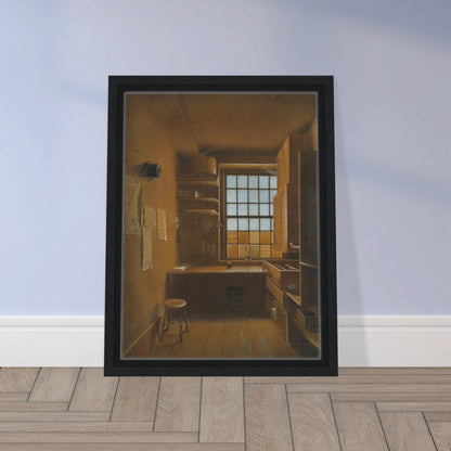 Quiet lottery office interior with wooden desk, stools, shelves, and a sunlit window