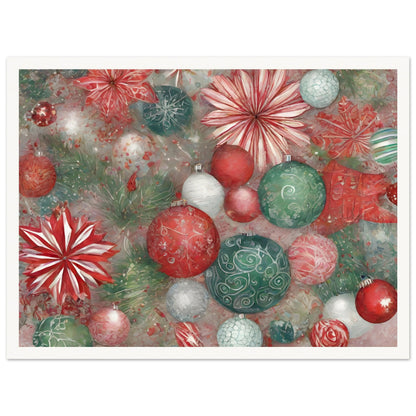 A vibrant festive artwork featuring red, green, and white Christmas ornaments, delicate floral patterns, and evergreen branches, evoking holiday cheer.

