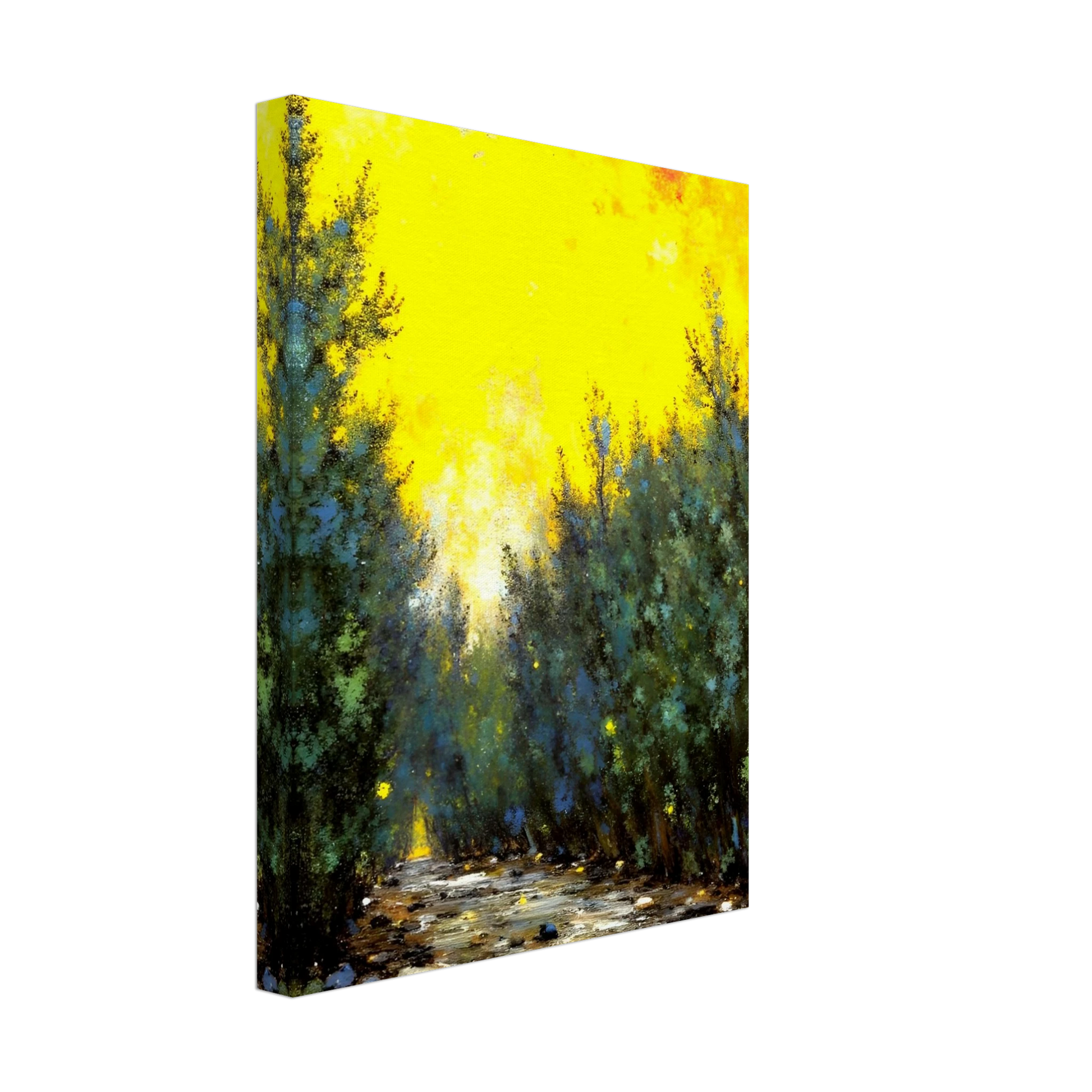 A glowing yellow sky illuminates a narrow forest path lined with lush green trees and scattered stones in soft sunlight.
