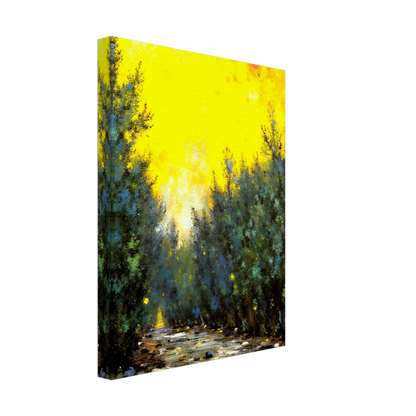 A glowing yellow sky illuminates a narrow forest path lined with lush green trees and scattered stones in soft sunlight.
