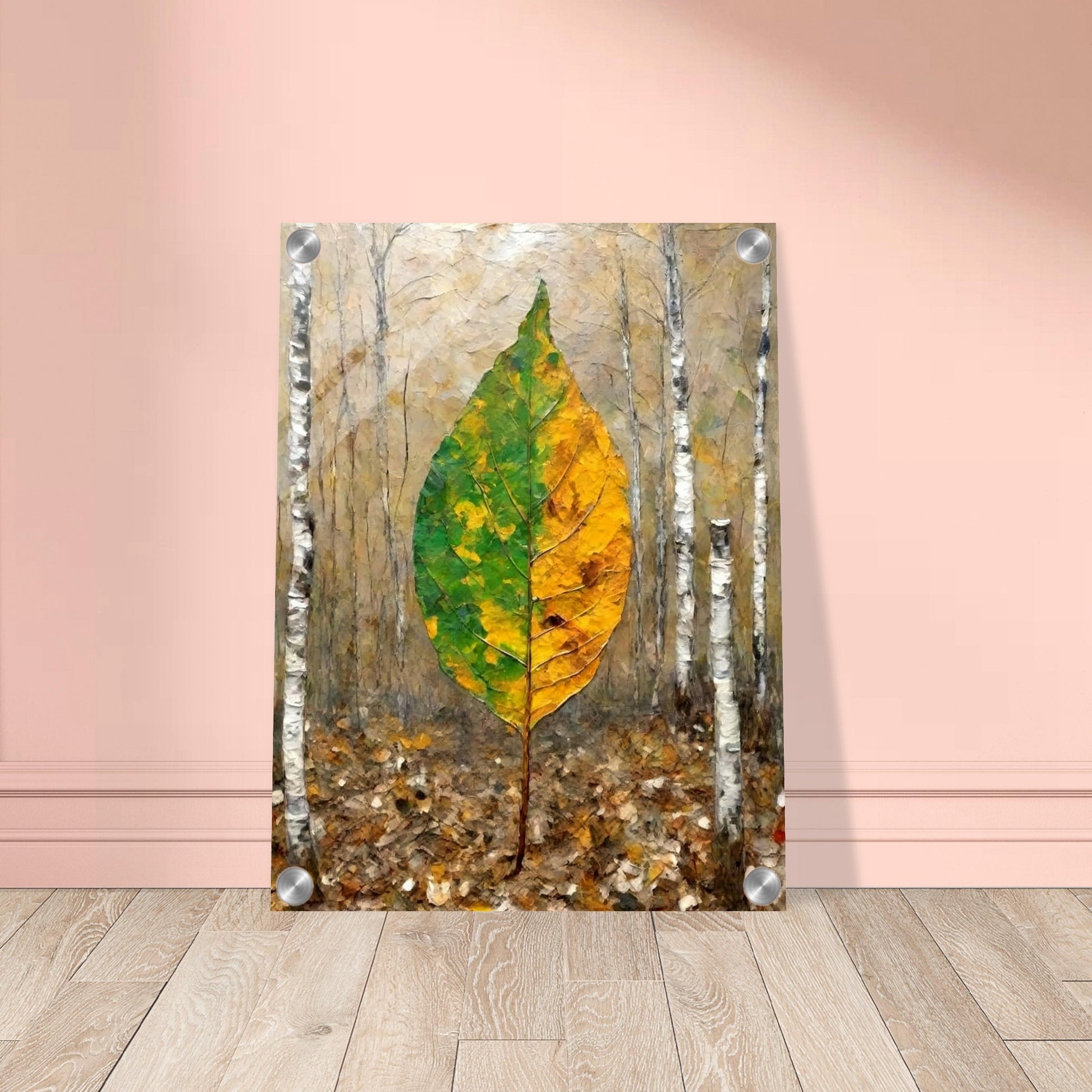 A large leaf, half green and half yellow, stands upright in a birch forest, symbolizing the transition between seasons with soft autumnal tones.