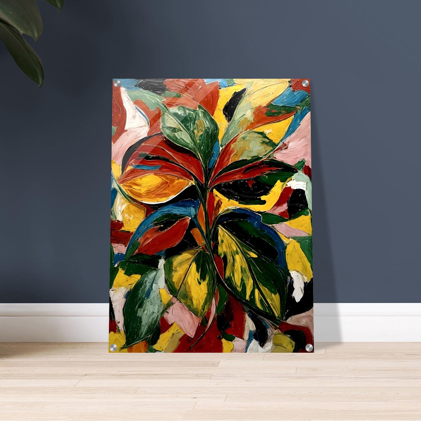 A bold and textured painting of vibrant leaves in dynamic shades of green, red, yellow, and orange, set against an abstract colorful background.