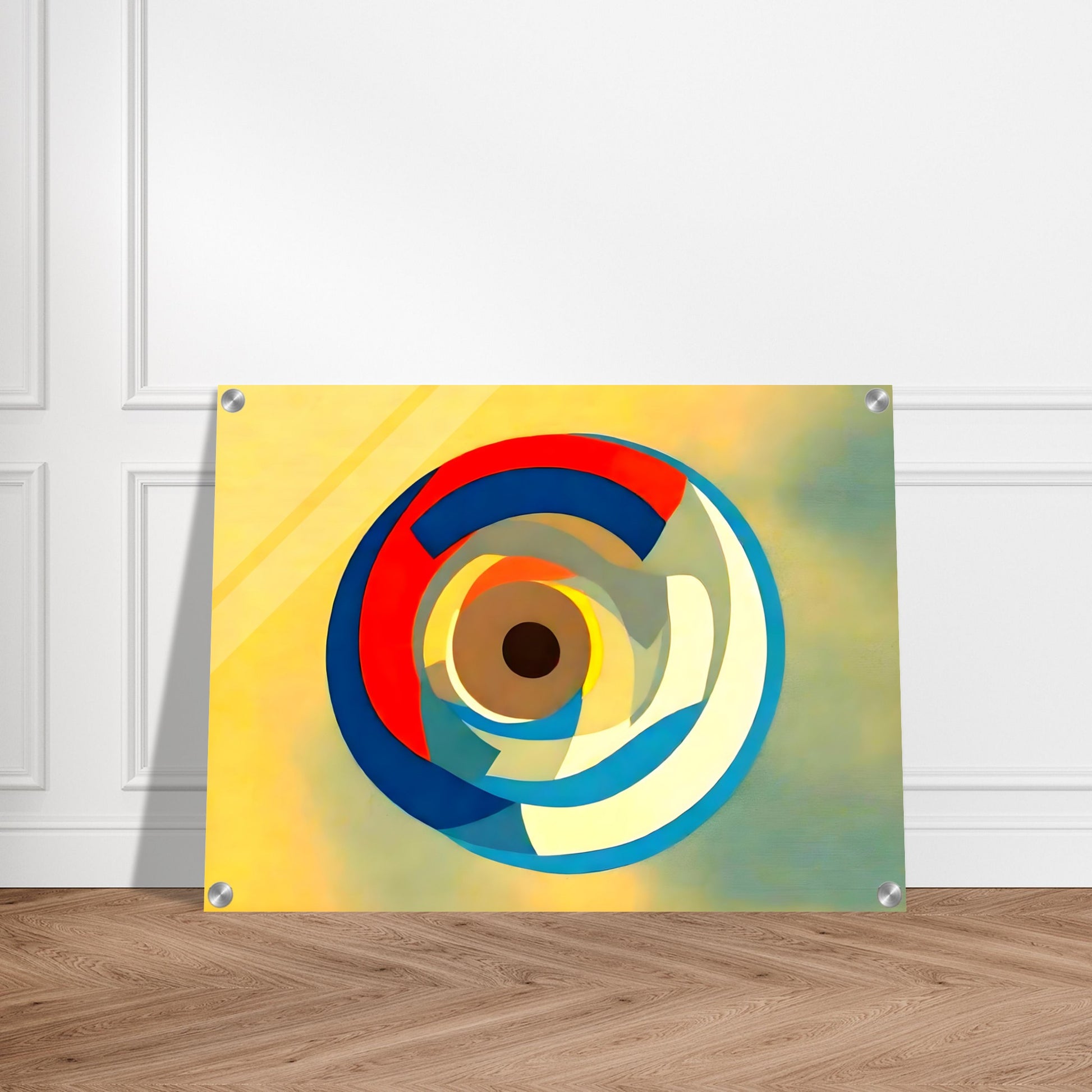 A geometric abstract artwork featuring overlapping circular shapes in bold colors of blue, red, yellow, and white on a soft gradient background.