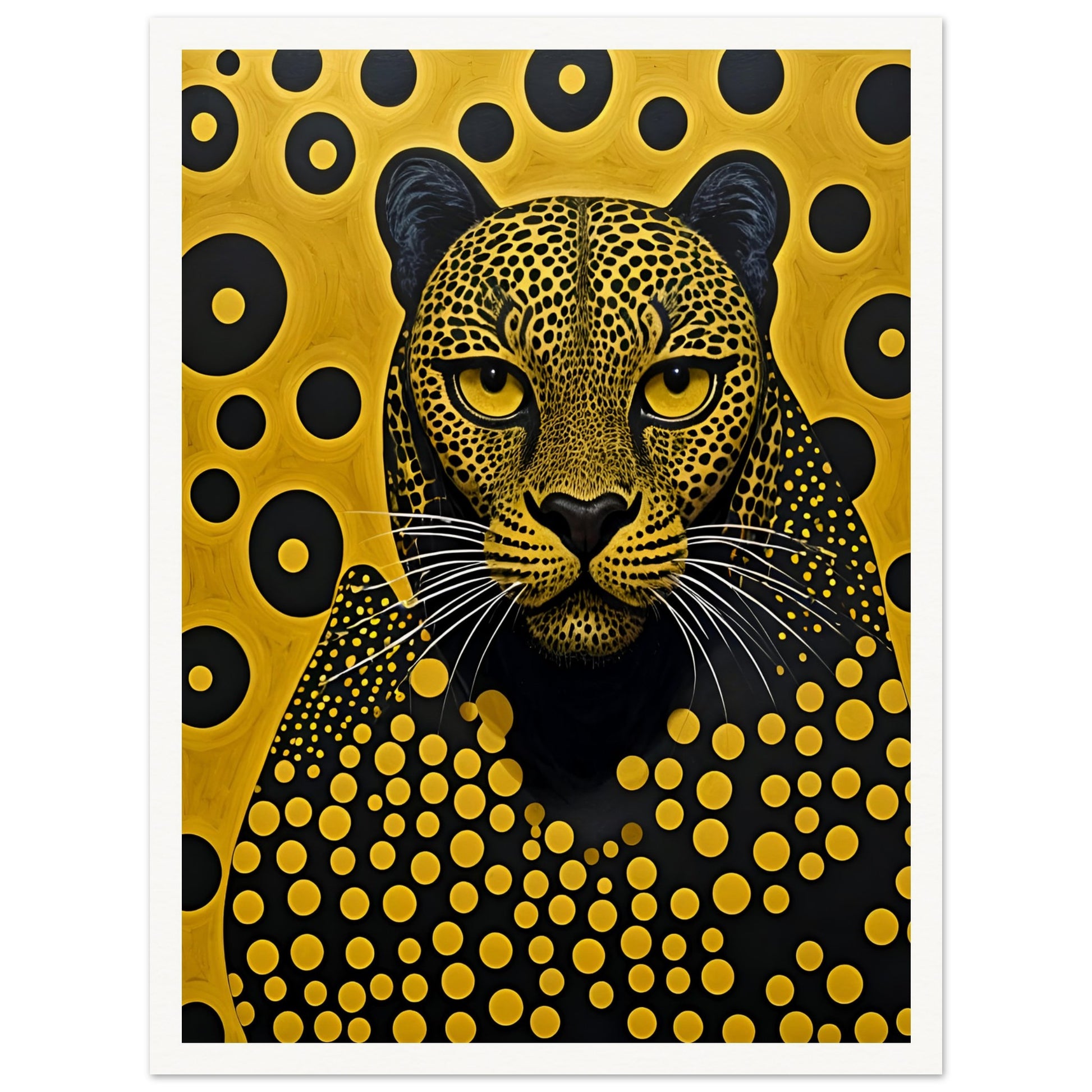 A striking portrait of a leopard with intricate golden spots, piercing eyes, and a mesmerizing geometric background of black and gold.