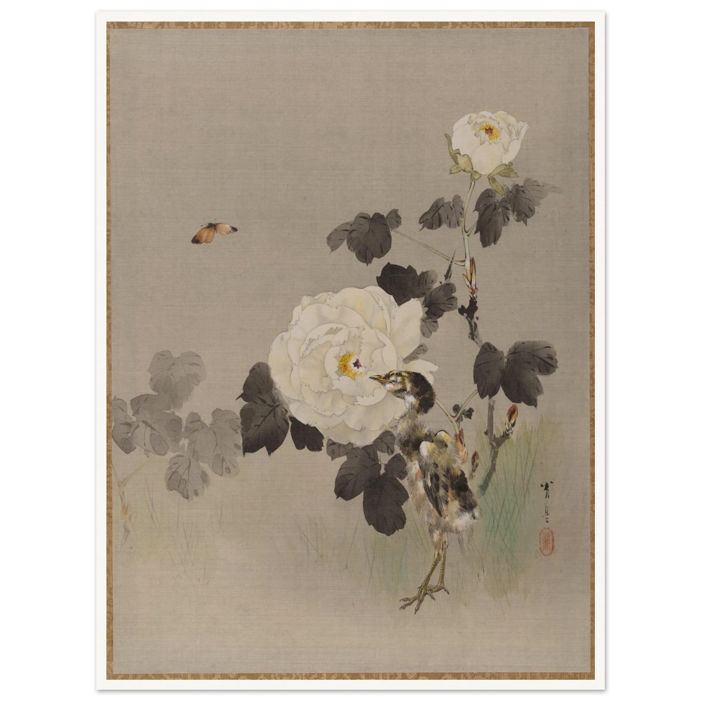 Young bird stands beside white roses as a butterfly flies across a pale silk background