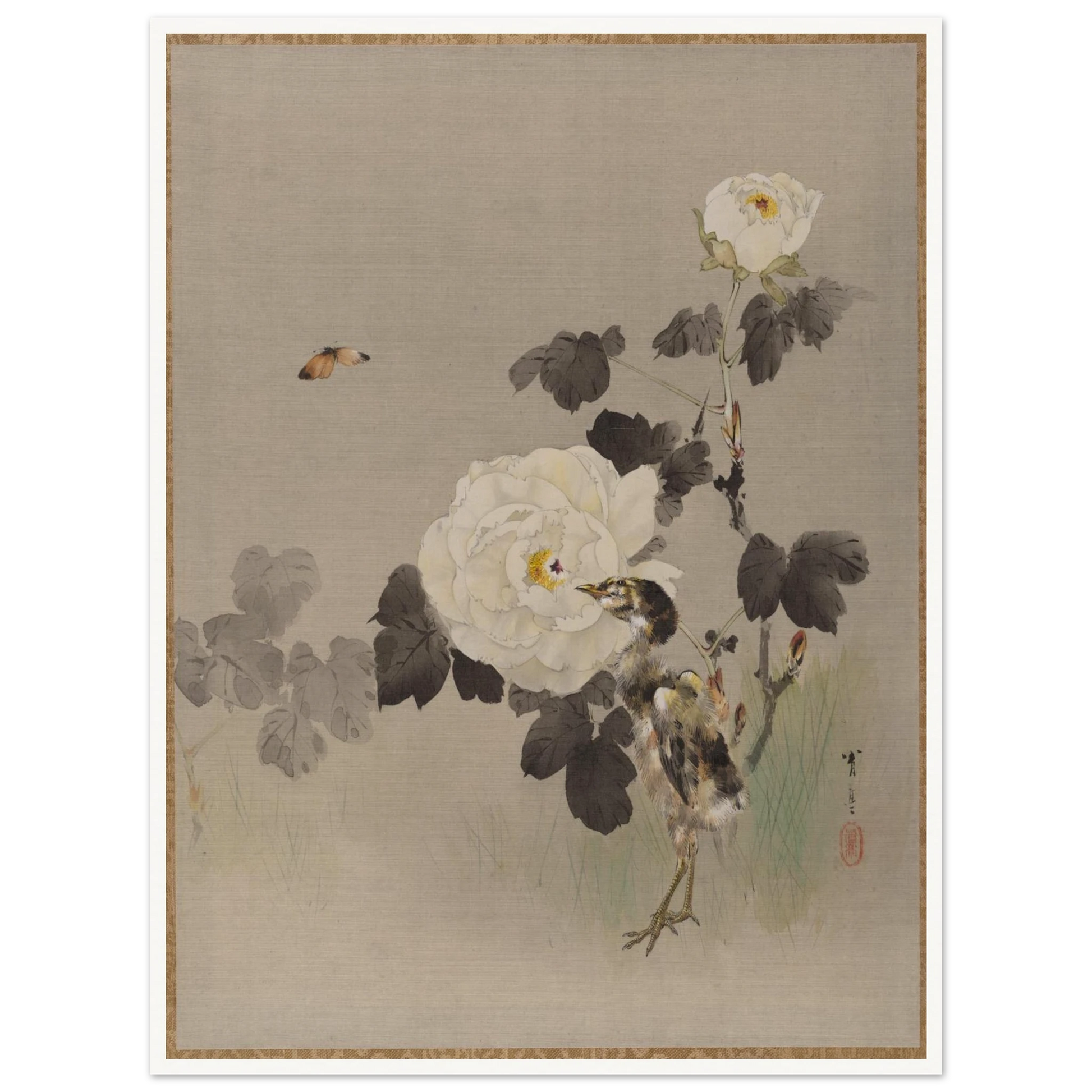 Young bird stands beside white roses as a butterfly flies across a pale silk background