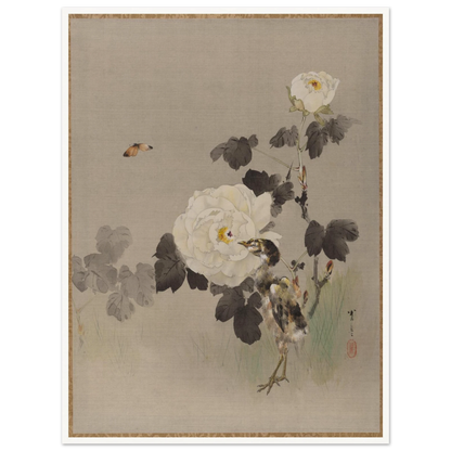 Young bird stands beside white roses as a butterfly flies across a pale silk background