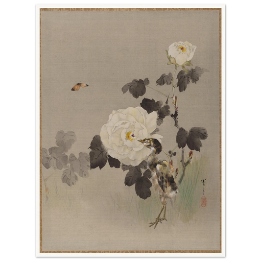Young bird stands beside white roses as a butterfly flies across a pale silk background