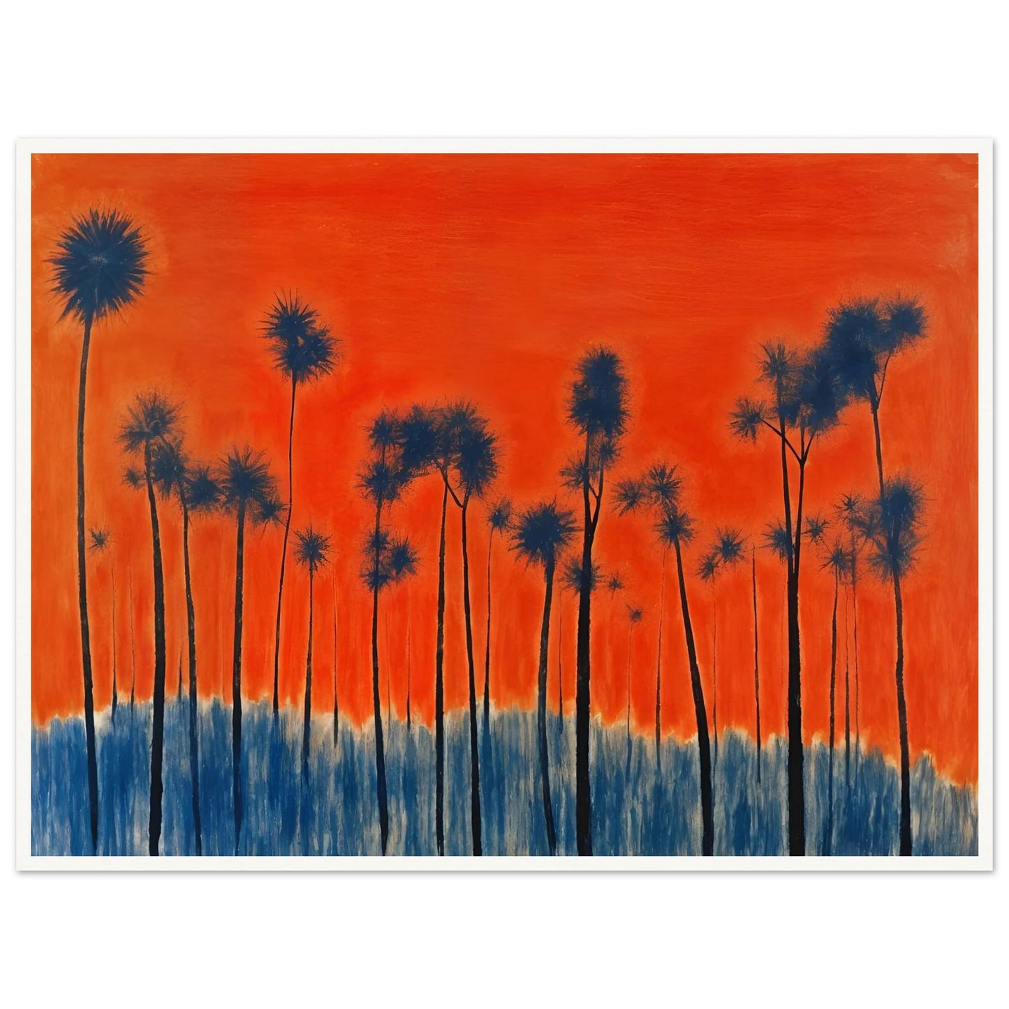 Dark silhouettes of tall palm-like trees rise against a vivid orange-red sky with deep blue ground tones, radiating intense warmth.