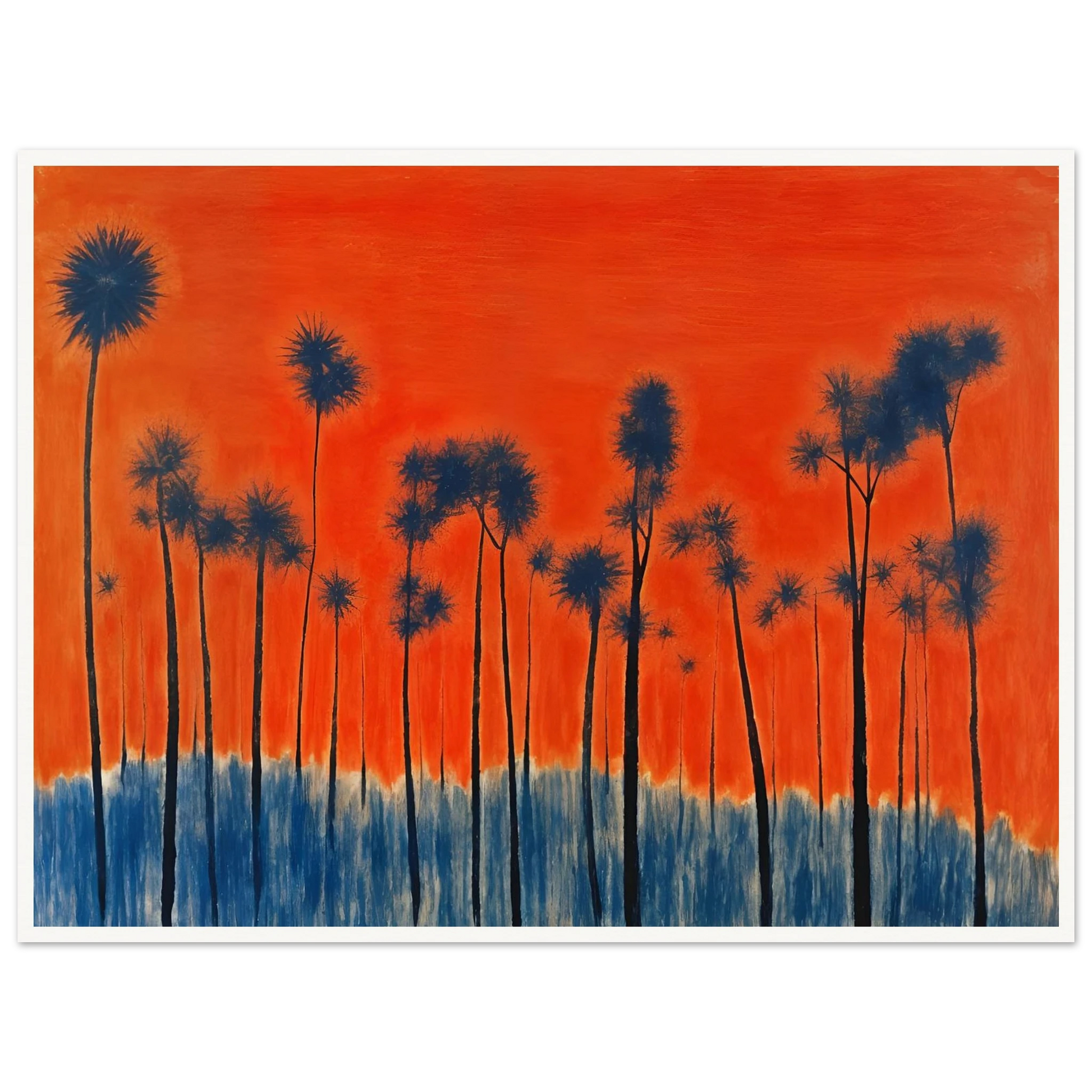 Dark silhouettes of tall palm-like trees rise against a vivid orange-red sky with deep blue ground tones, radiating intense warmth.