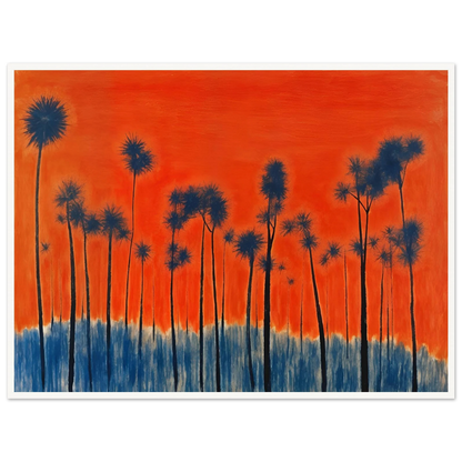 Dark silhouettes of tall palm-like trees rise against a vivid orange-red sky with deep blue ground tones, radiating intense warmth.