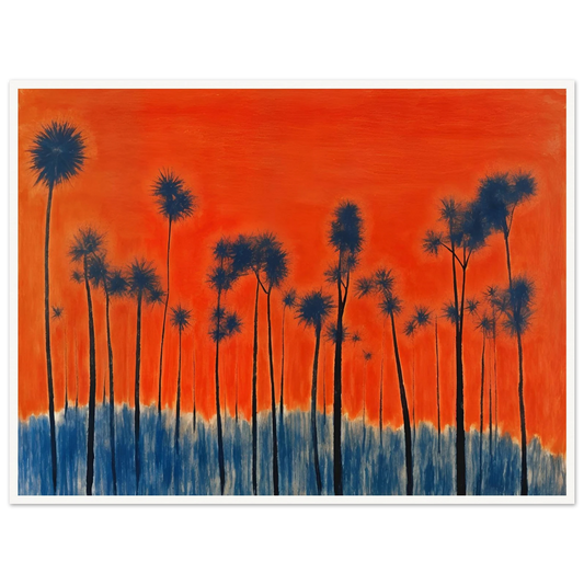 Dark silhouettes of tall palm-like trees rise against a vivid orange-red sky with deep blue ground tones, radiating intense warmth.