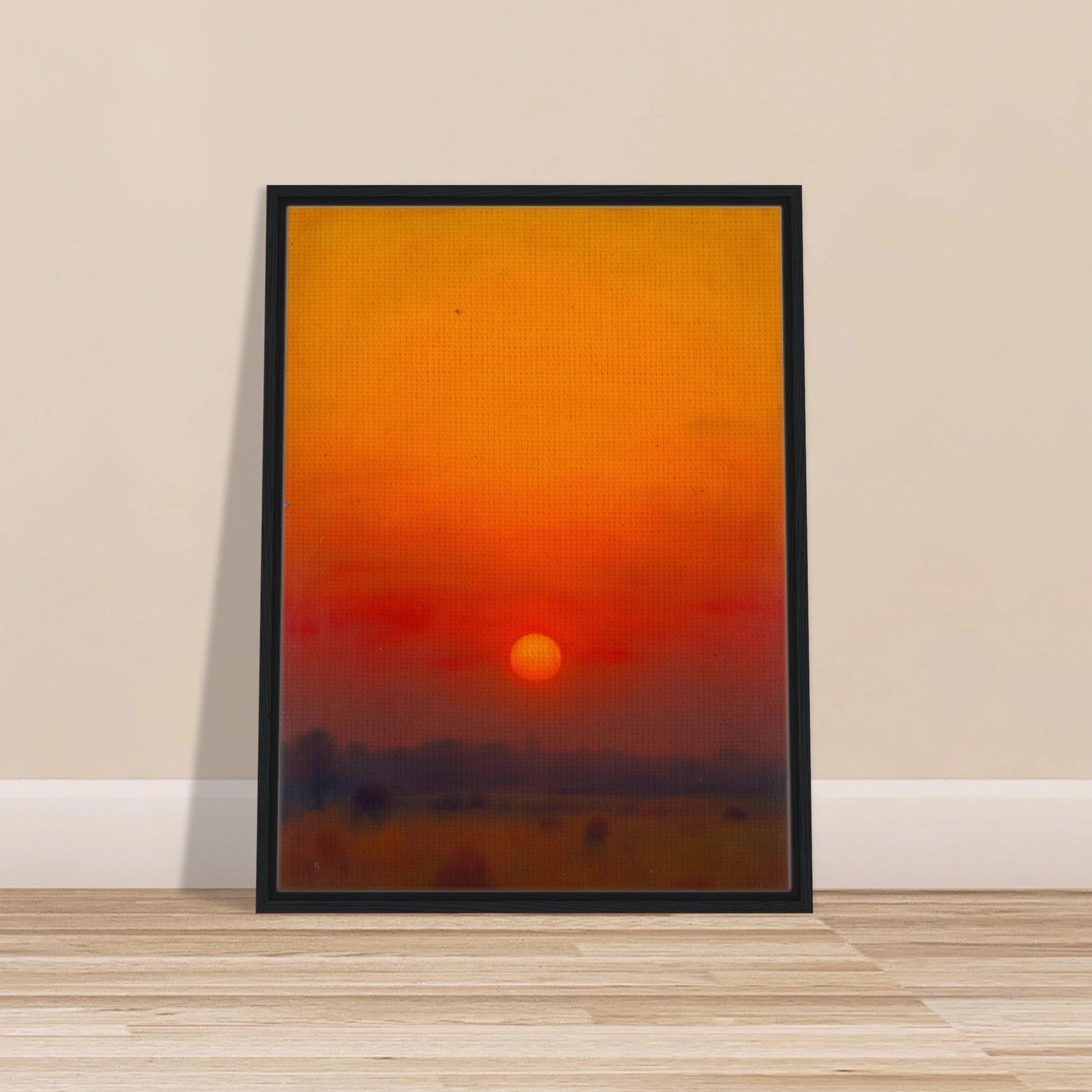 A golden-orange sunset over a hazy horizon, with the sun glowing in a vivid red and amber sky.