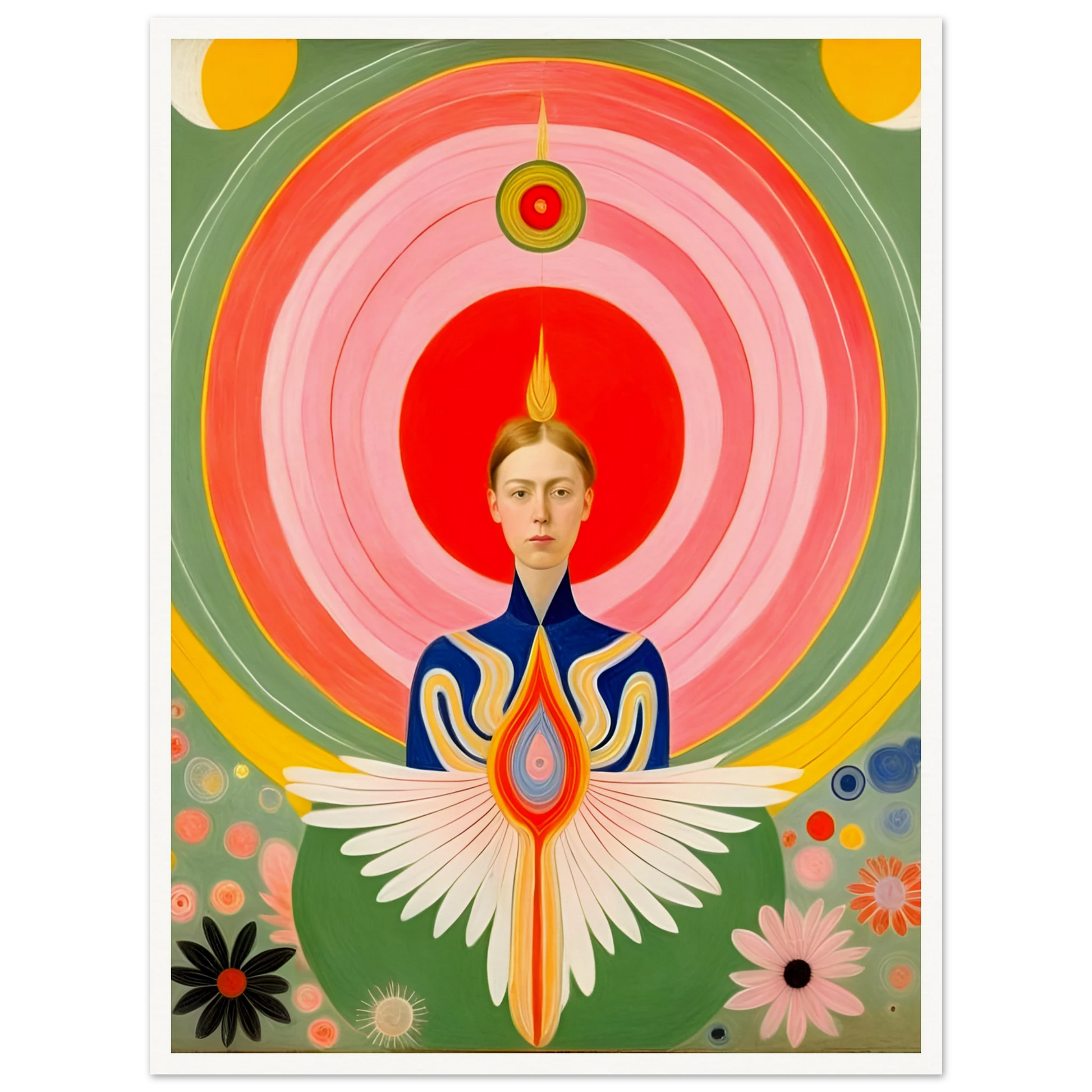 Stylized portrait of a serene woman with flaming crown, geometric wings, and concentric radiating circles in vibrant warm hues.
